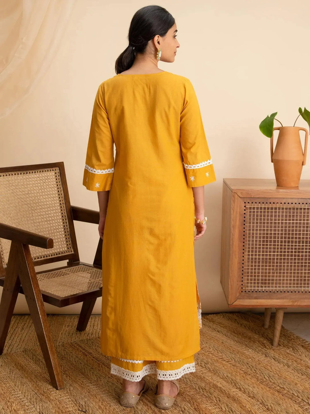 Yellow Embroidered Cotton Kurta - Libas