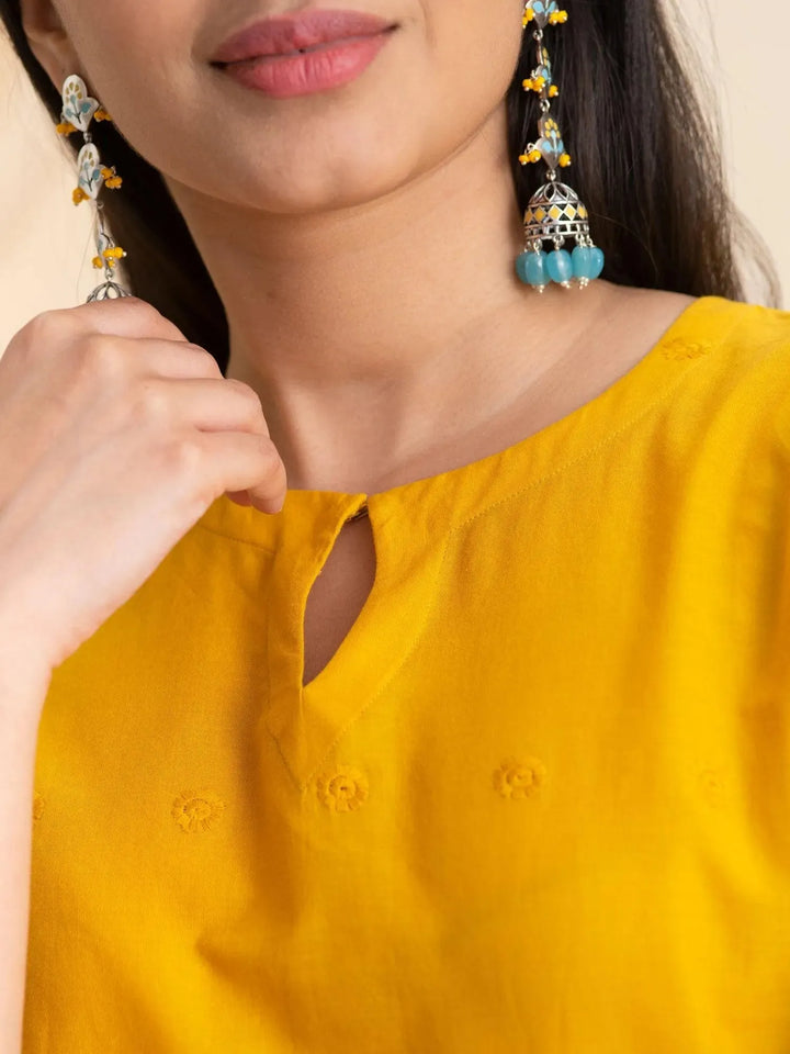 Yellow Embroidered Cotton Kurta - Libas