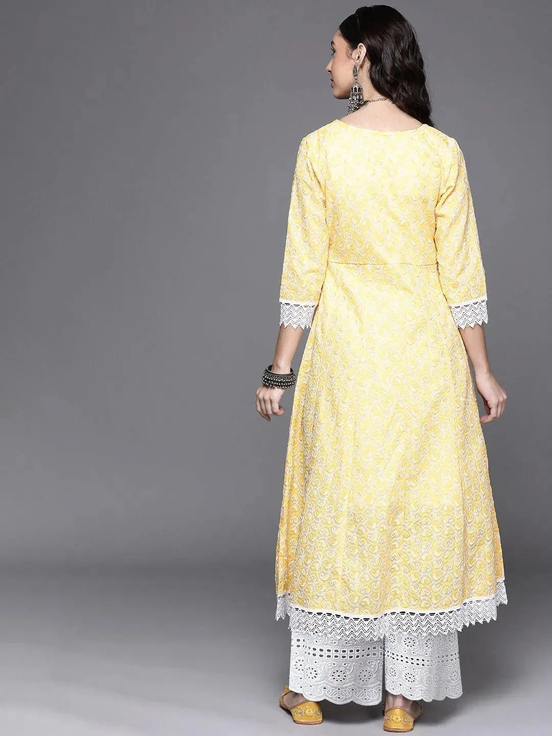 Yellow Embroidered Cotton Kurta - Libas