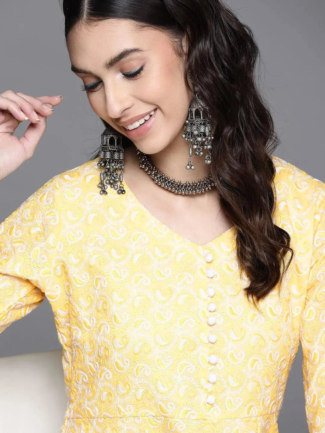 Yellow Embroidered Cotton Kurta - Libas