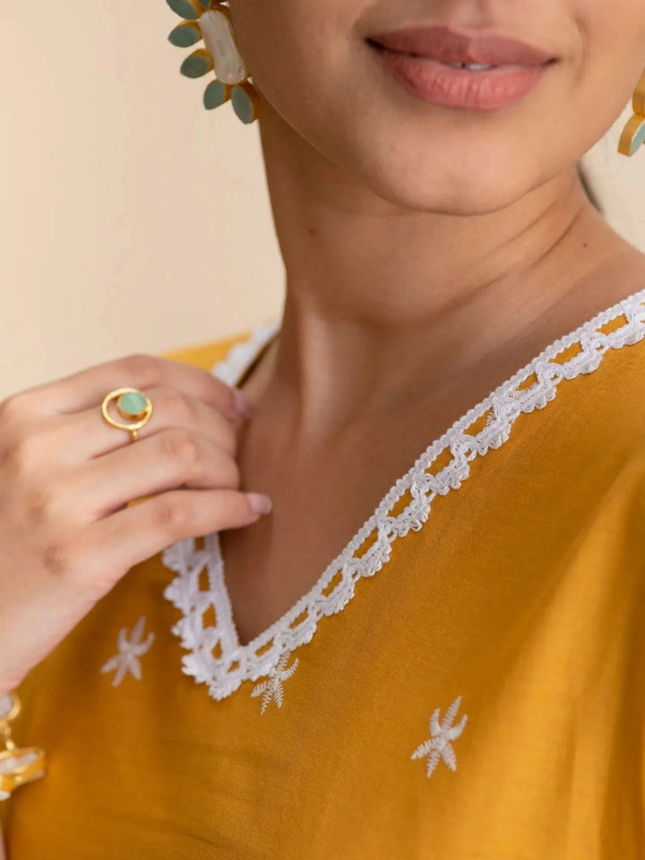 Yellow Embroidered Cotton Kurta - Libas