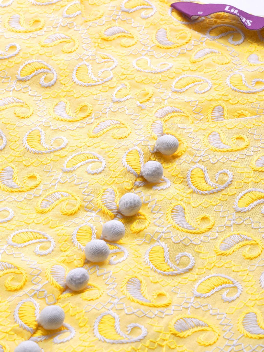 Yellow Embroidered Cotton Kurta - Libas