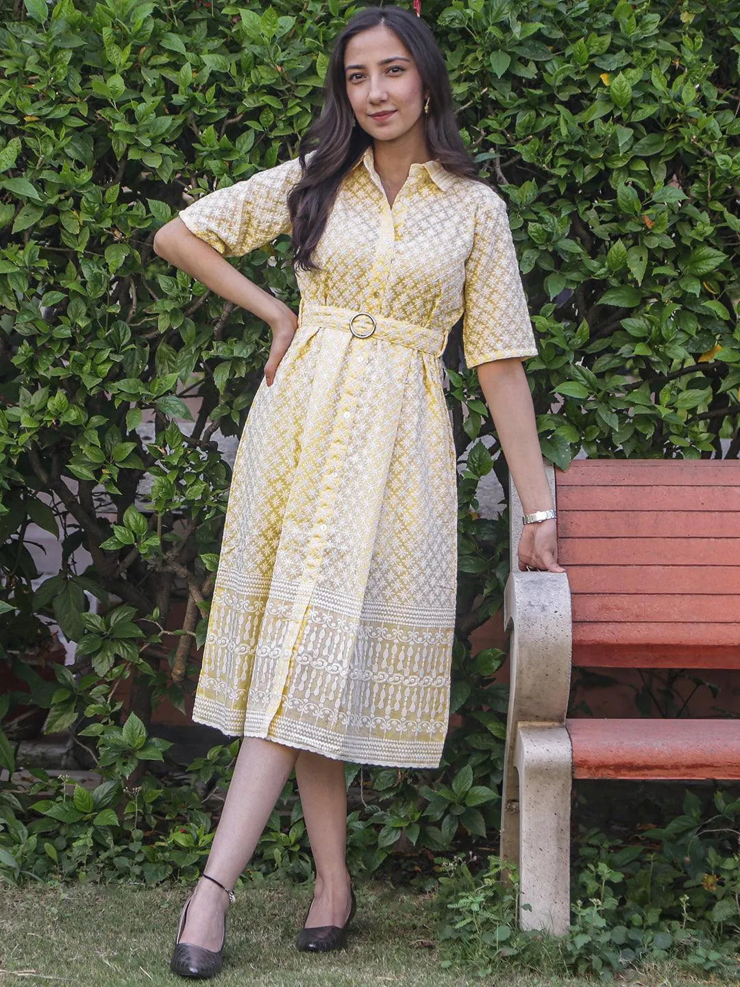 Yellow Embroidered Cotton Shirt Dress - Libas