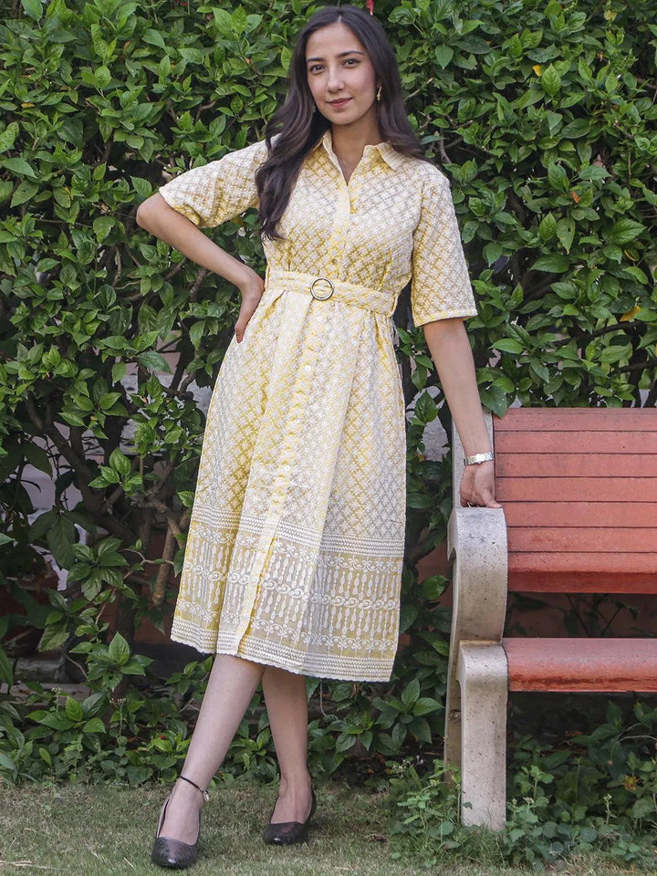 Yellow Embroidered Cotton Shirt Dress - Libas