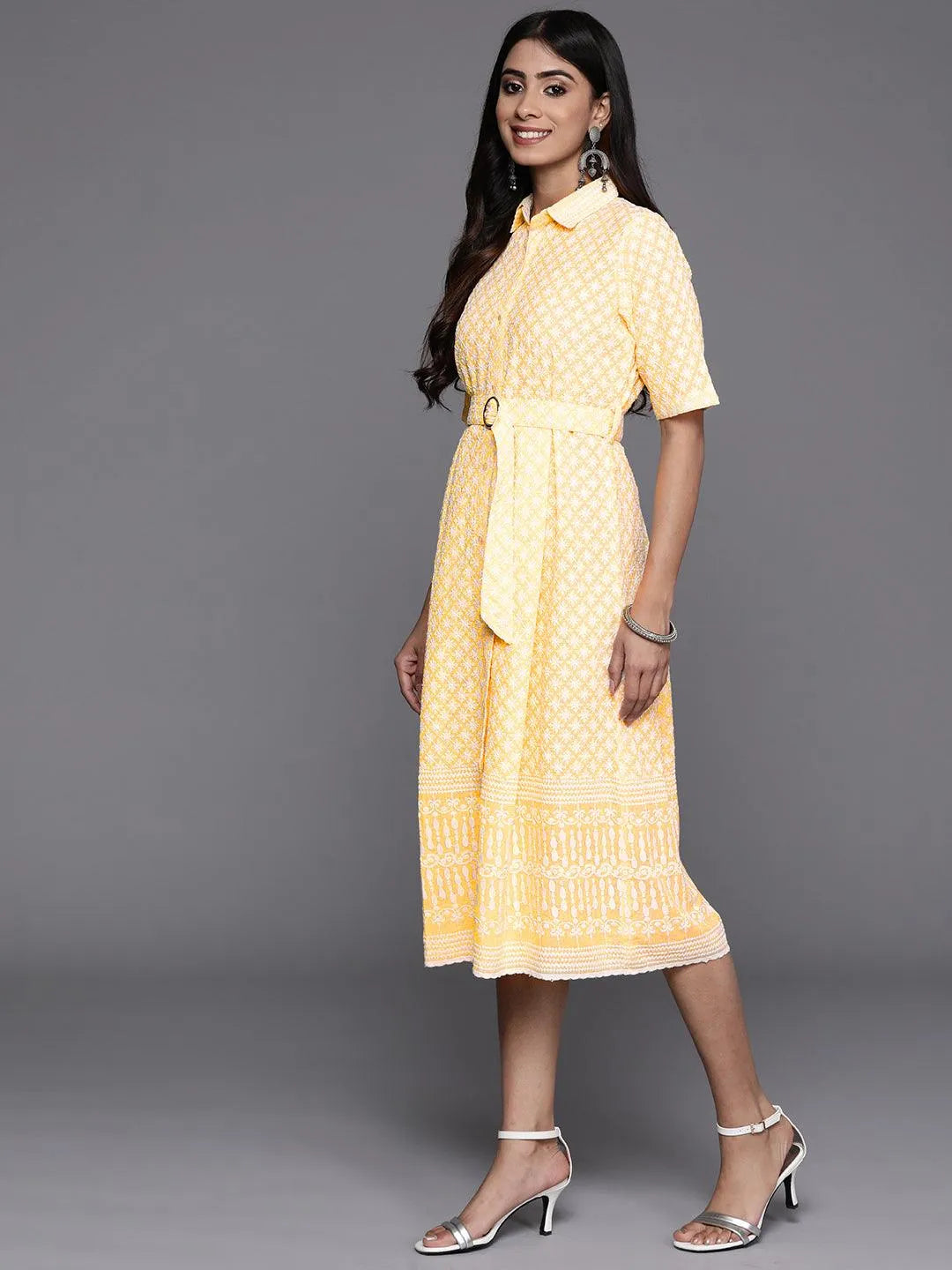 Yellow Printed Cotton Shirt Dress - Libas 