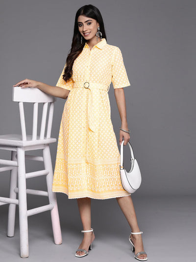 Yellow Printed Cotton Shirt Dress - Libas