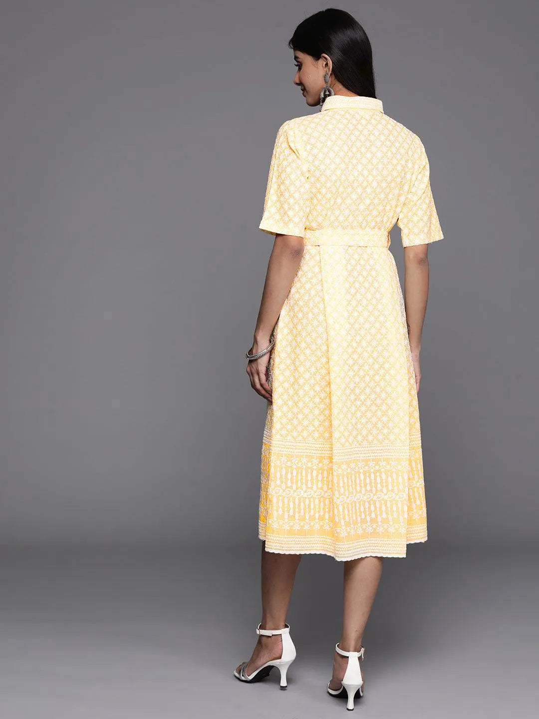 Yellow Printed Cotton Shirt Dress - Libas 