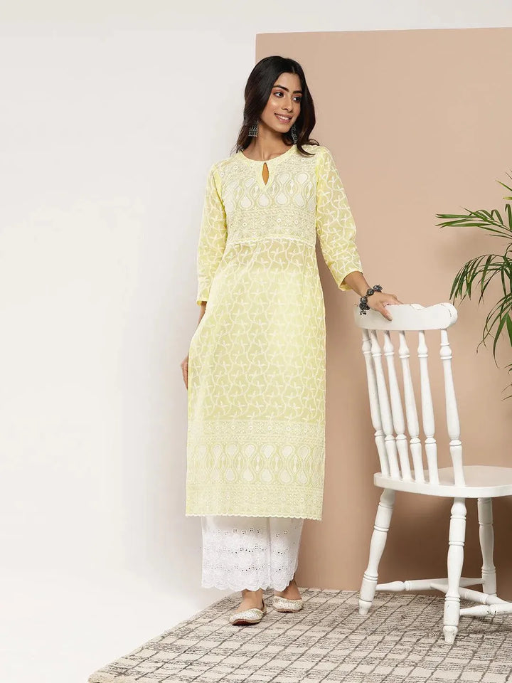 Yellow Embroidered Cotton Straight Kurta - Libas