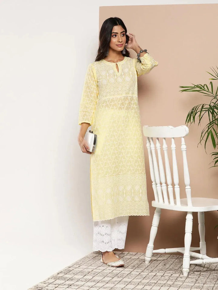 Yellow Embroidered Cotton Straight Kurta - Libas