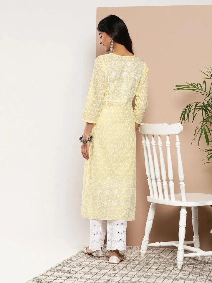 Yellow Embroidered Cotton Straight Kurta - Libas