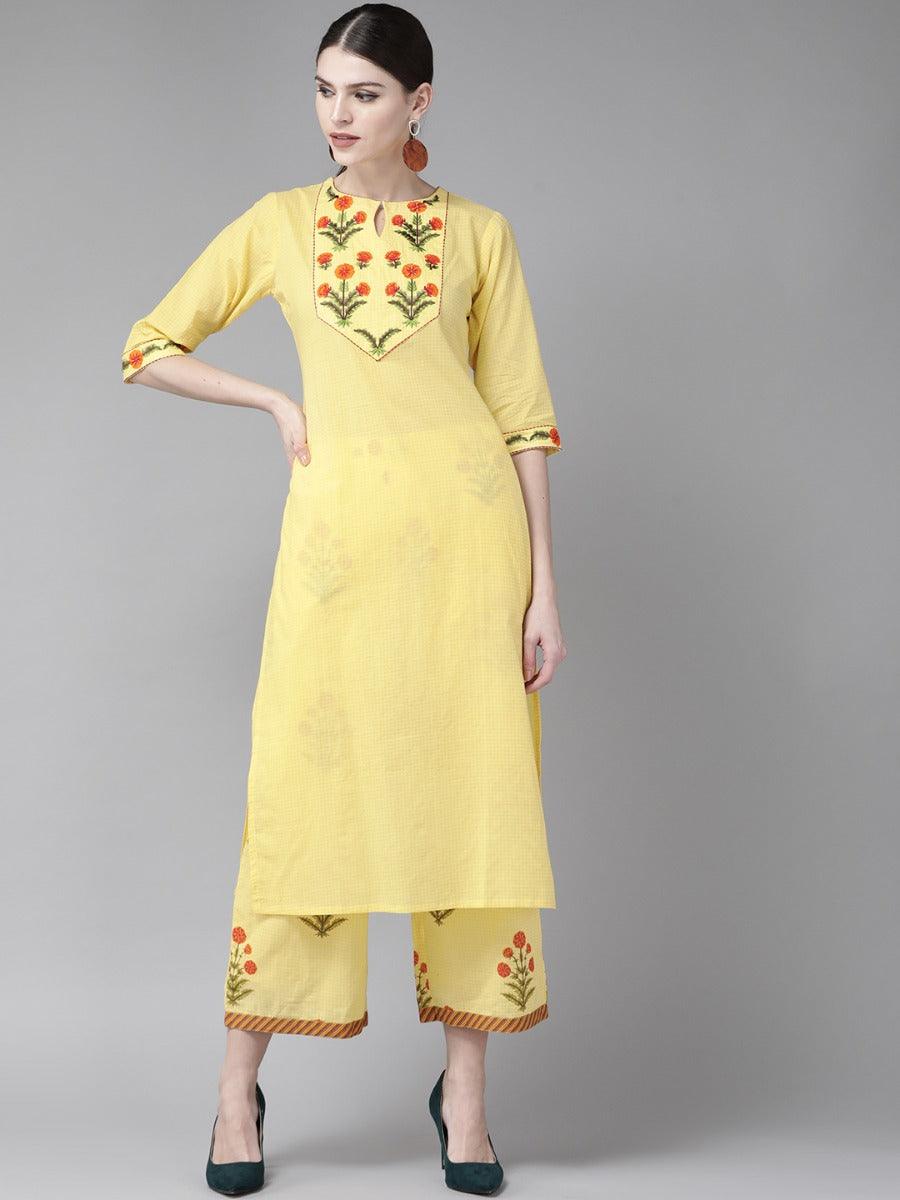 Yellow Embroidered Cotton Straight Kurta With Palazzos
