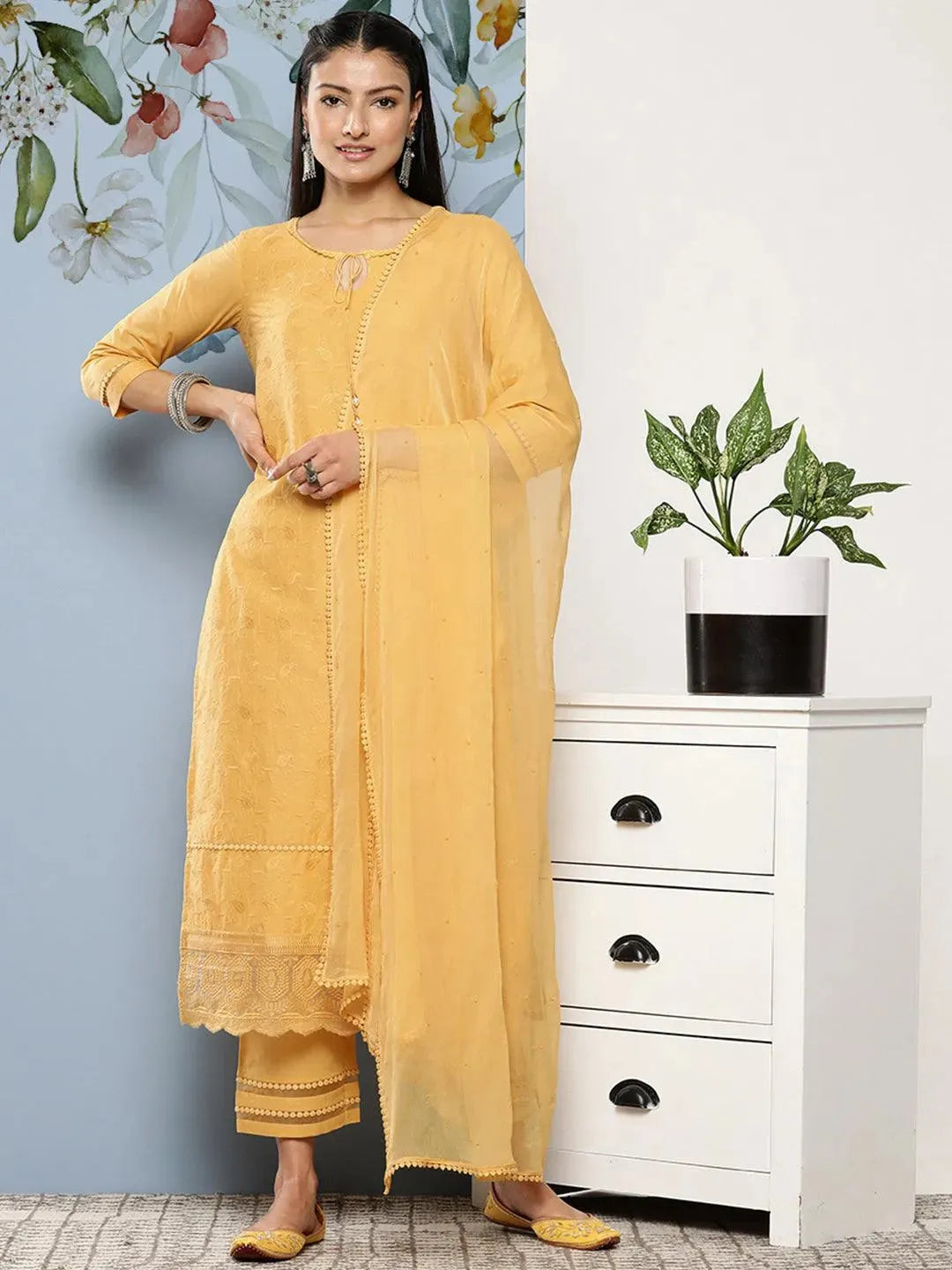 Yellow Embroidered Cotton Suit Set With Trousers - Libas 