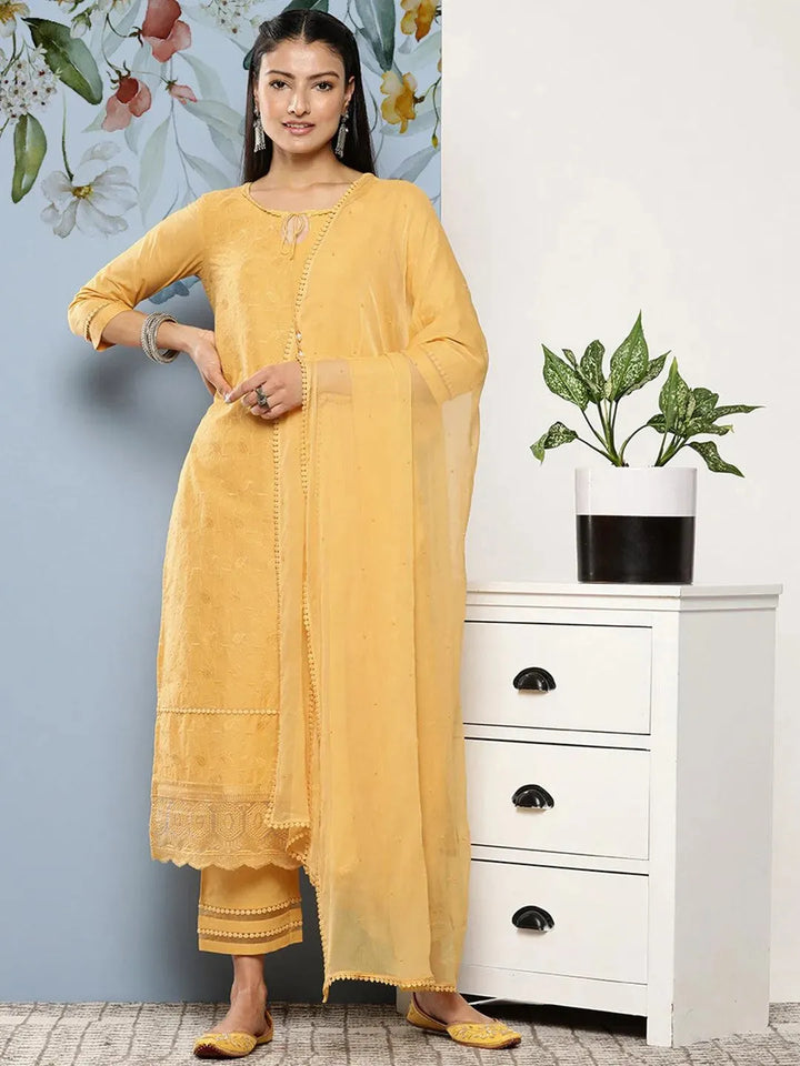 Yellow Embroidered Cotton Suit Set With Trousers - Libas