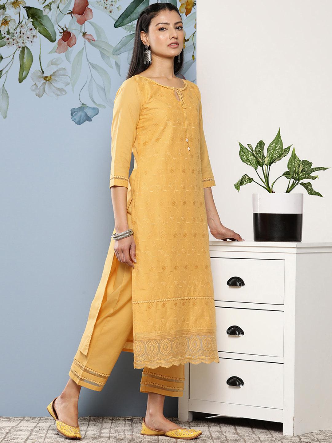 Yellow Embroidered Cotton Straight Kurta With Trousers & Dupatta