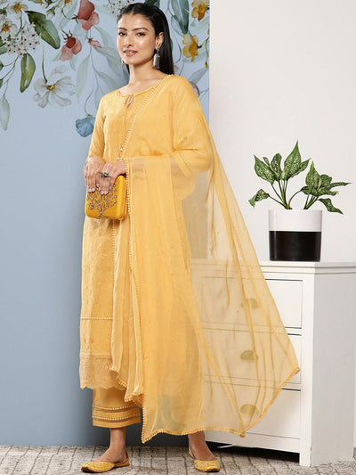 Yellow Embroidered Cotton Suit Set With Trousers - Libas