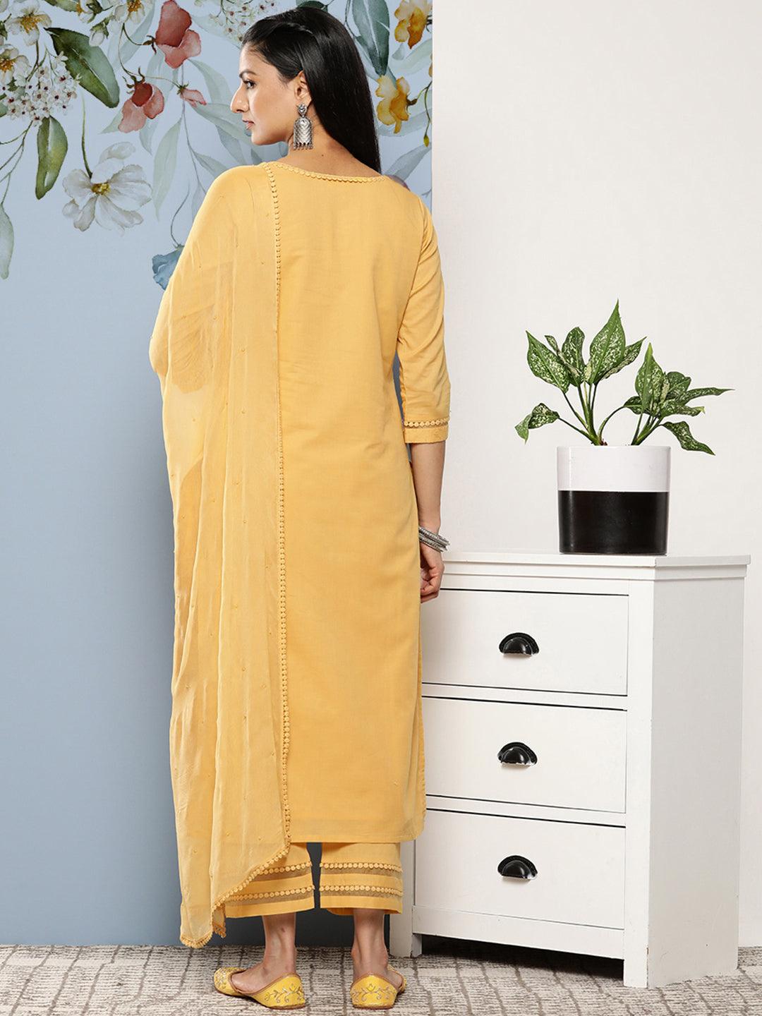 Yellow Embroidered Cotton Straight Kurta With Trousers & Dupatta