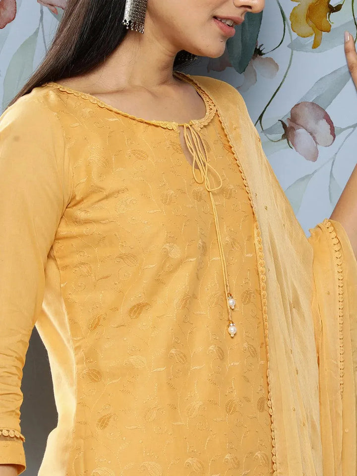 Yellow Embroidered Cotton Suit Set With Trousers - Libas