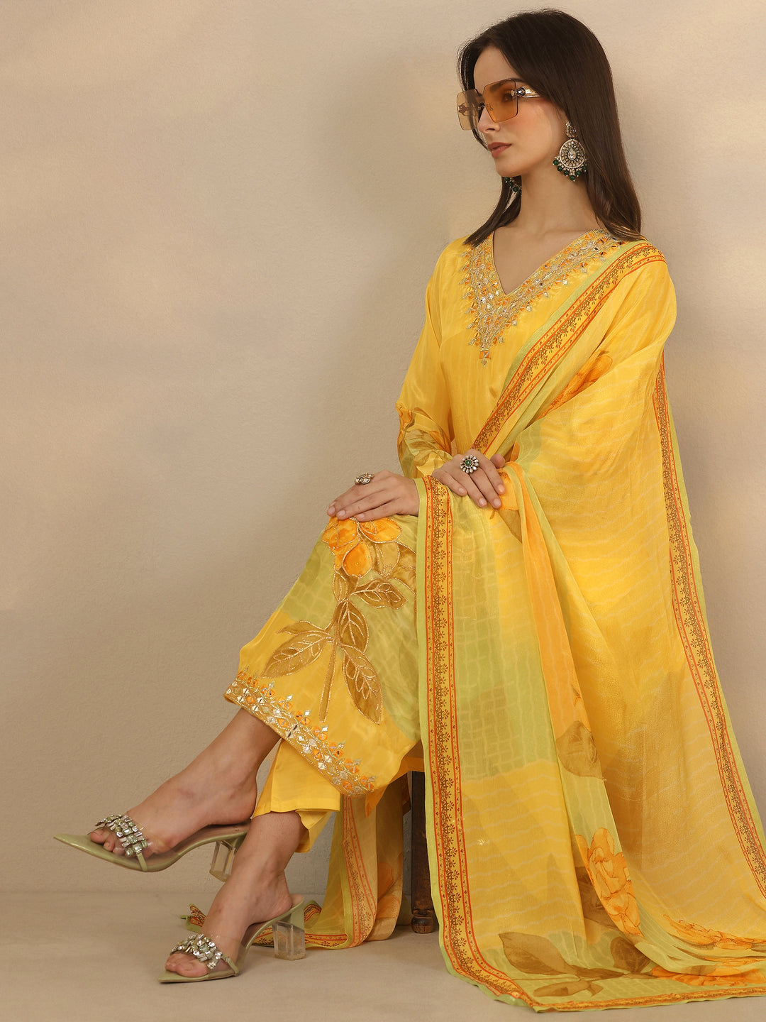 Yellow Embroidered Crepe Straight Suit Set With Dupatta