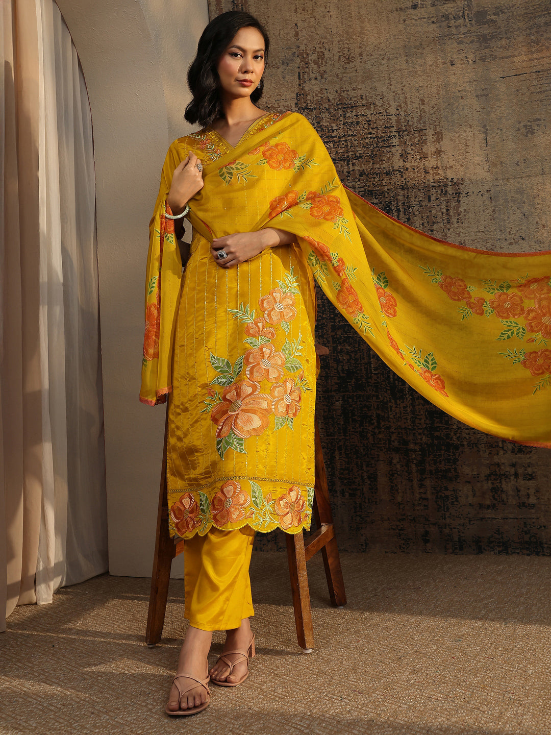 Yellow Embroidered Crepe Straight Suit Set With Dupatta