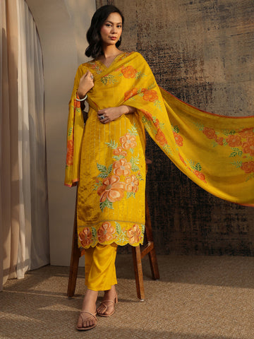 Yellow Embroidered Crepe Straight Suit Set With Dupatta