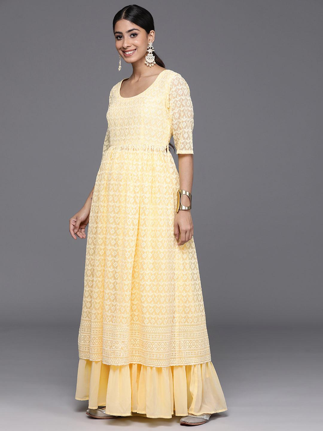 Yellow Embroidered Georgette A-Line Kurta With Palazzos & Dupatta