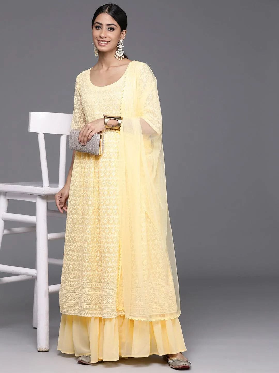 Yellow Embroidered Georgette A-Line Kurta With Palazzos & Dupatta - Libas 