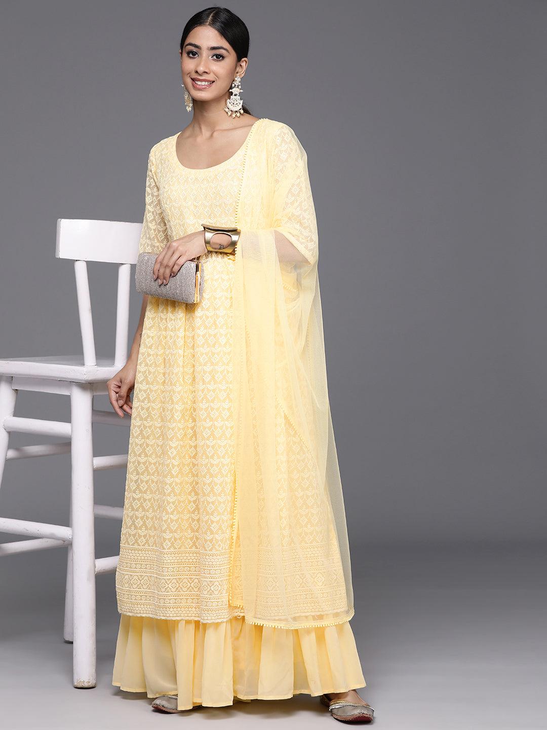 Yellow Embroidered Georgette A-Line Kurta With Palazzos & Dupatta - Libas