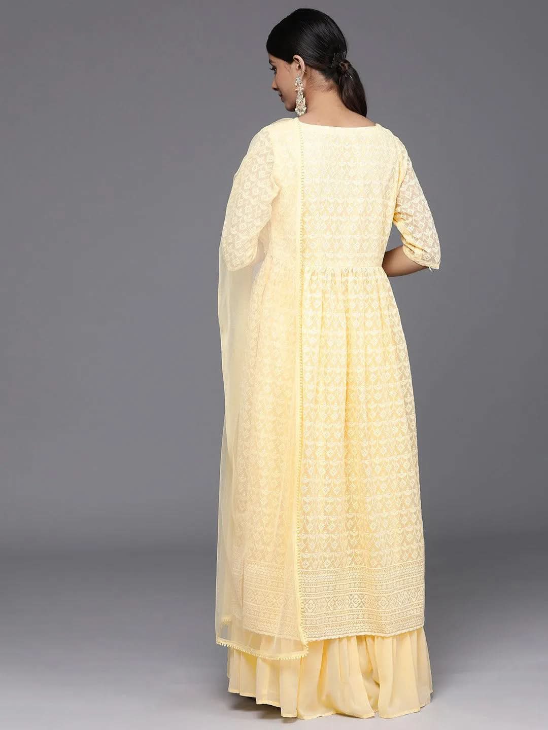 Yellow Embroidered Georgette A-Line Kurta With Palazzos & Dupatta - Libas 