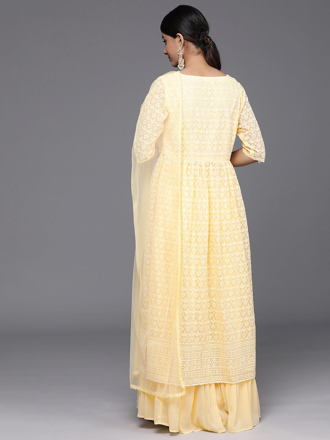 Yellow Embroidered Georgette A-Line Kurta With Palazzos & Dupatta - Libas