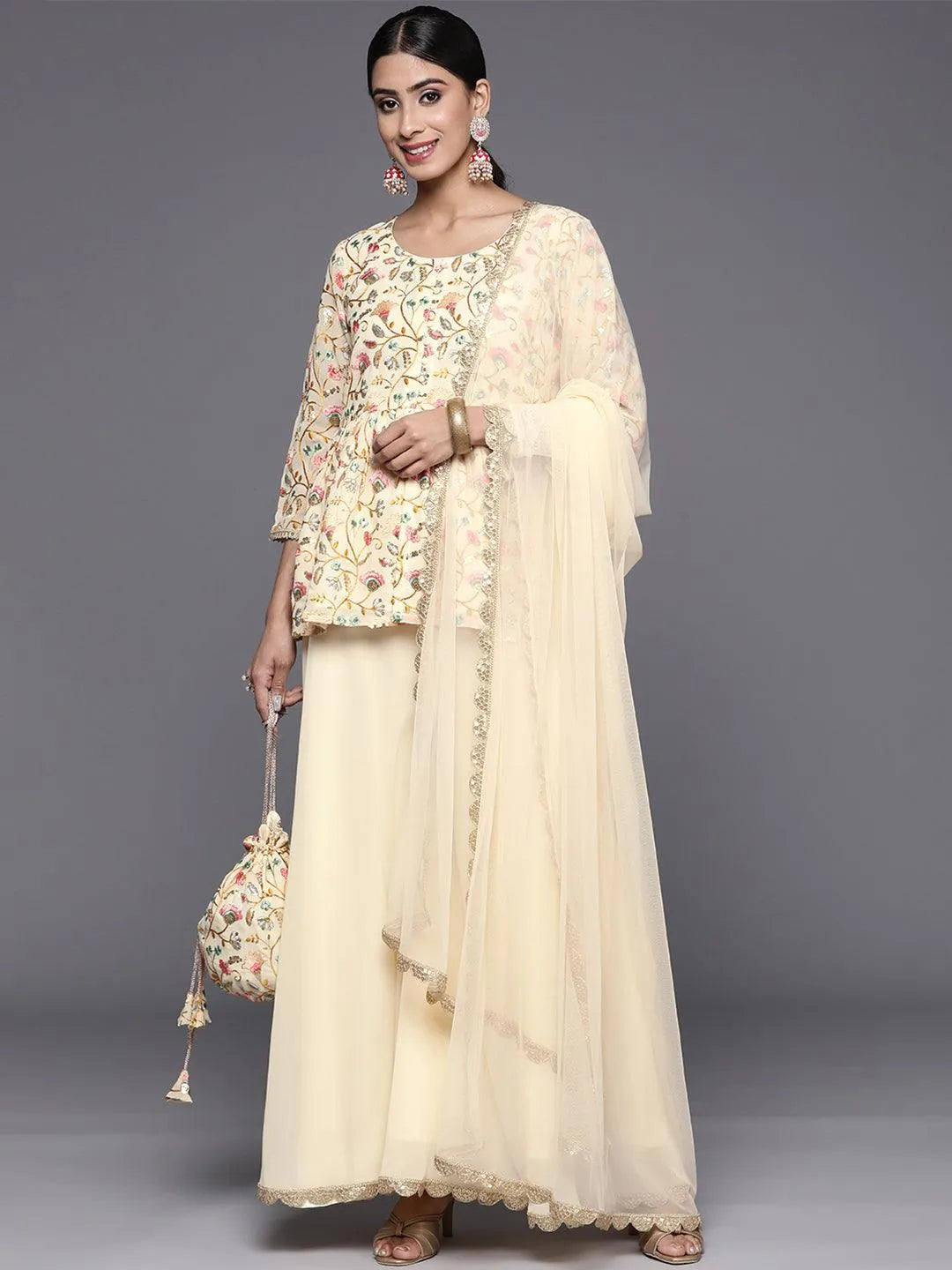 Yellow Embroidered Georgette A-Line Suit Set With Palazzos - Libas 