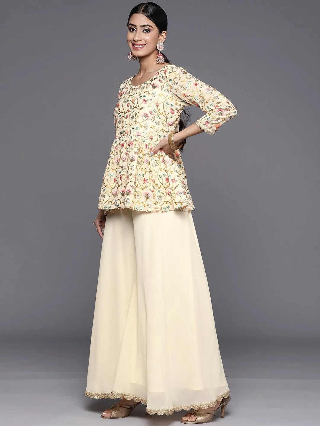 Yellow Embroidered Georgette A-Line Suit Set With Palazzos - Libas 