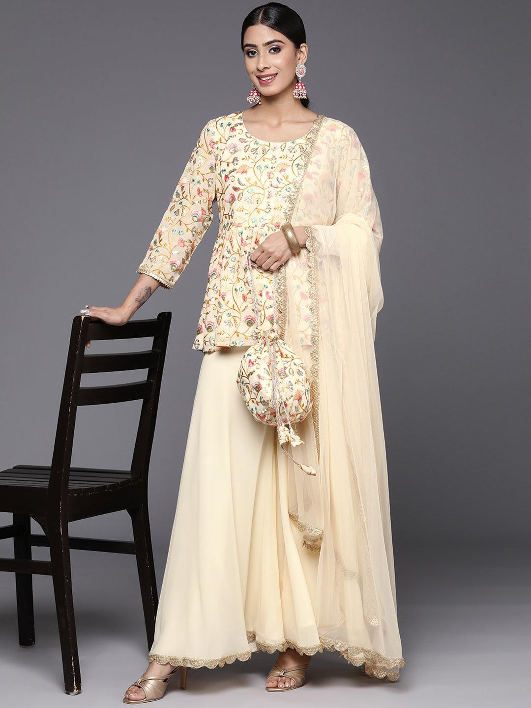 Yellow Embroidered Georgette A-Line Suit Set With Palazzos - Libas