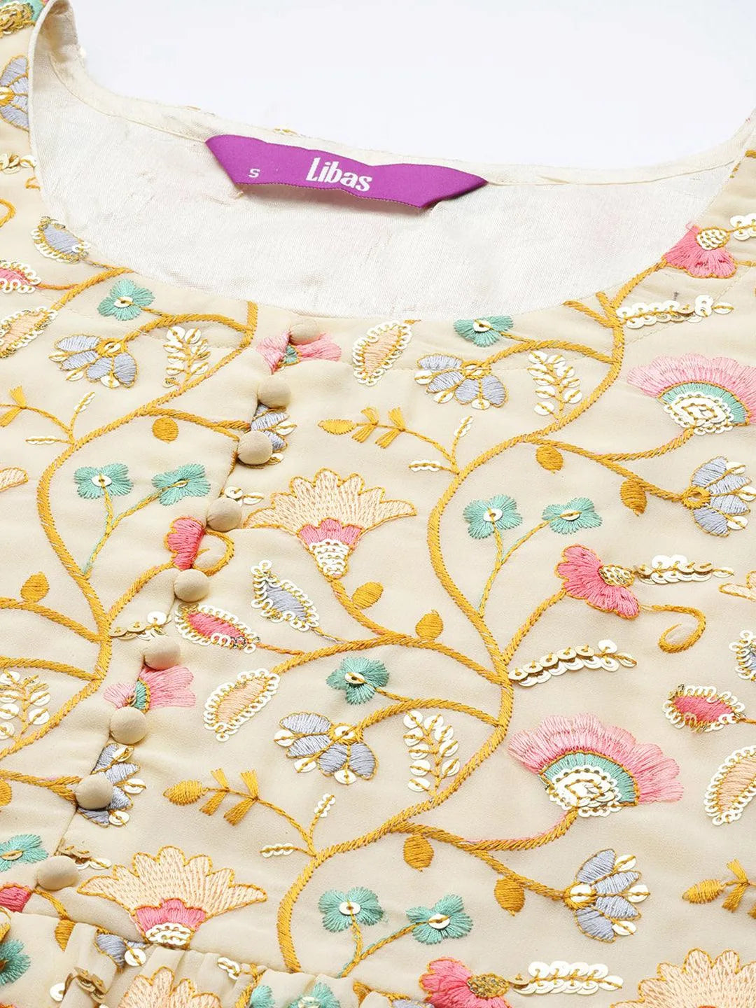 Yellow Embroidered Georgette A-Line Suit Set With Palazzos - Libas 