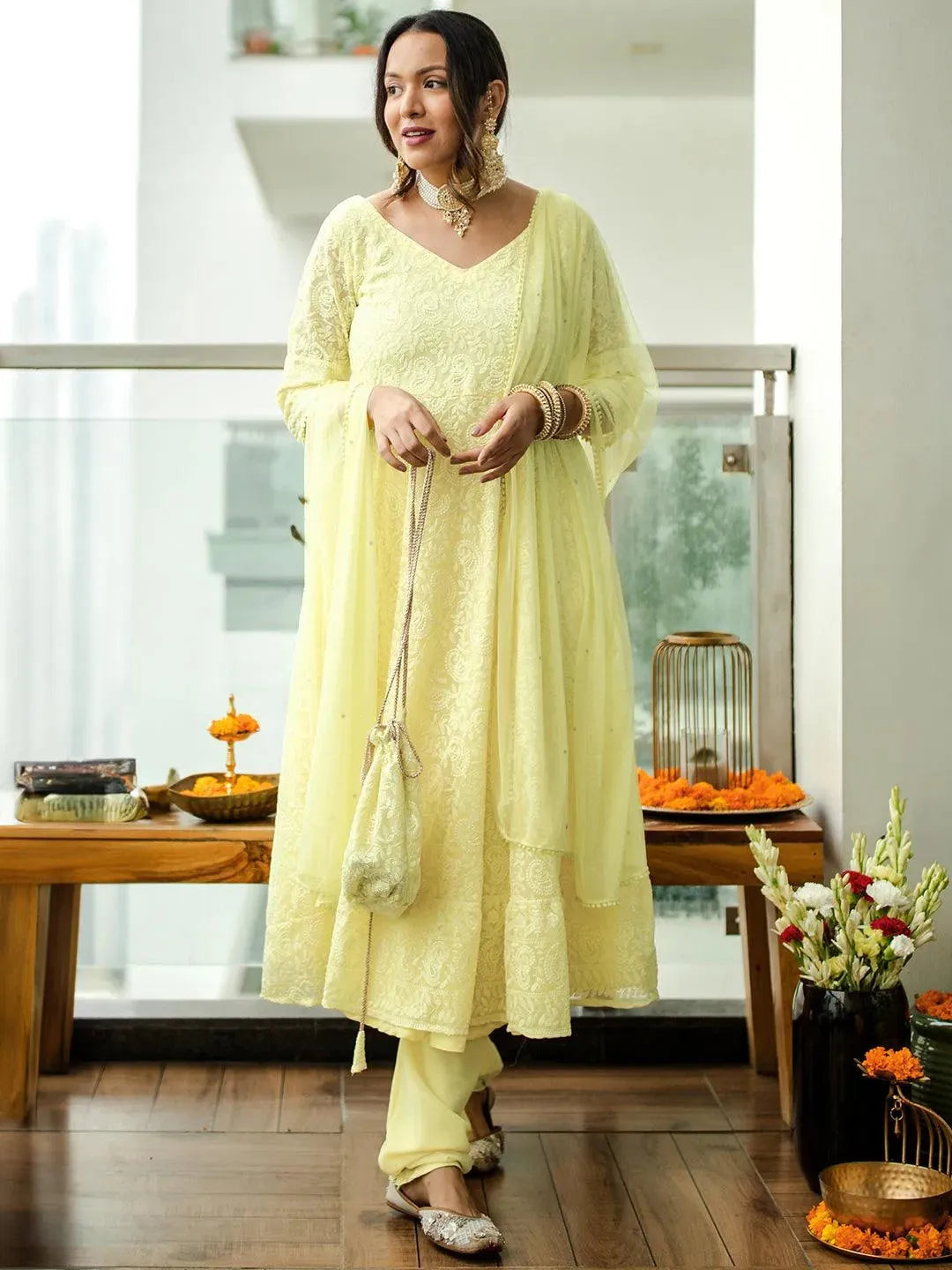 Yellow Embroidered Georgette Anarkali Kurta With Churidar & Dupatta - Libas