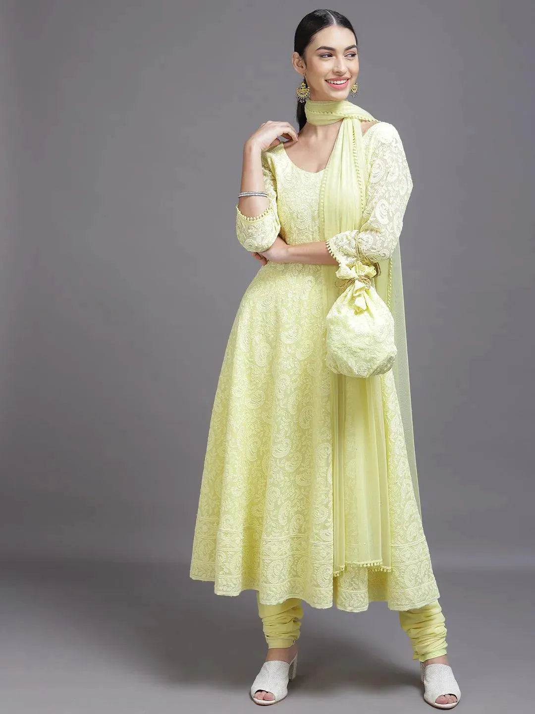 Yellow Embroidered Georgette Anarkali Kurta With Churidar & Dupatta