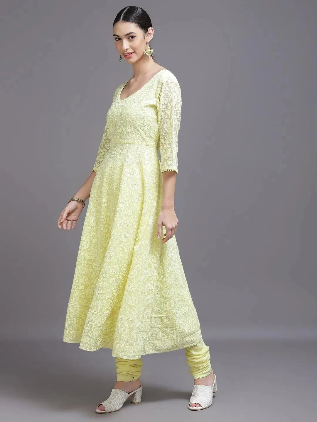 Yellow Embroidered Georgette Anarkali Kurta With Churidar & Dupatta