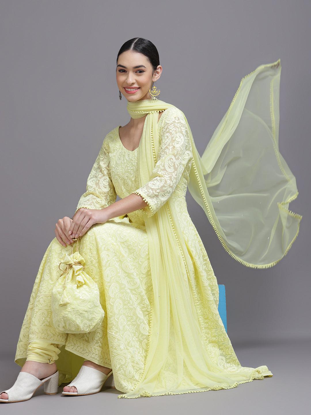 Yellow Embroidered Georgette Anarkali Kurta With Churidar & Dupatta
