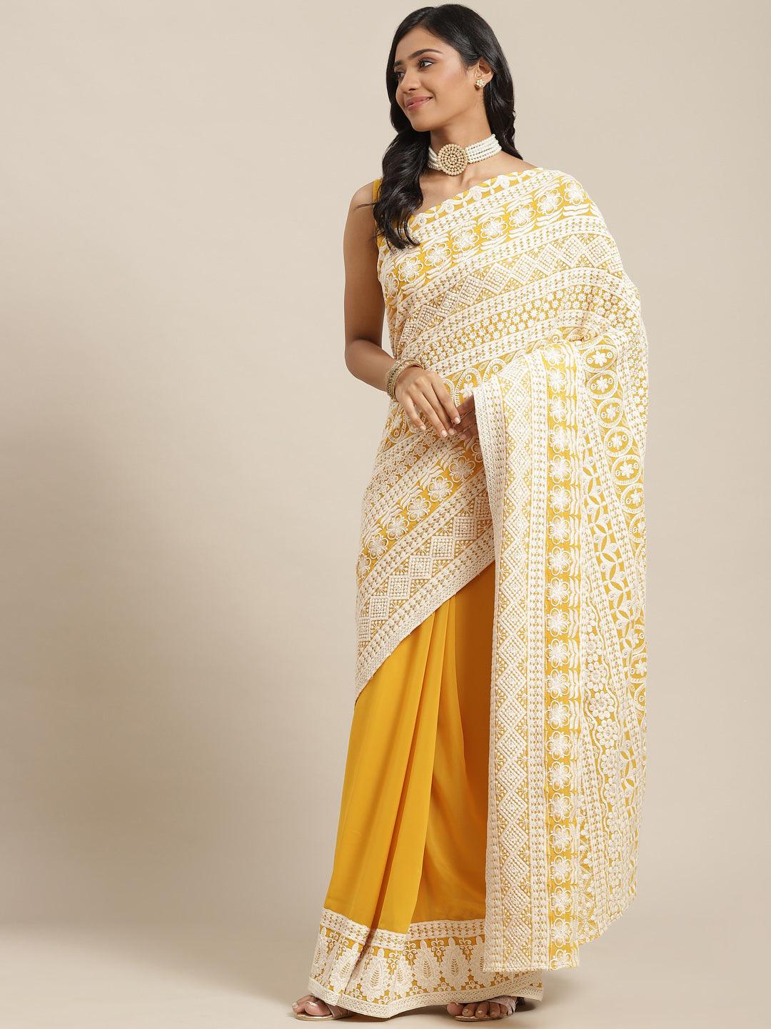 Yellow Embroidered Georgette Saree