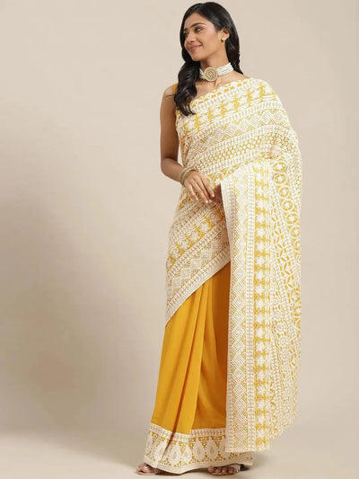 Yellow Embroidered Georgette Saree - Libas