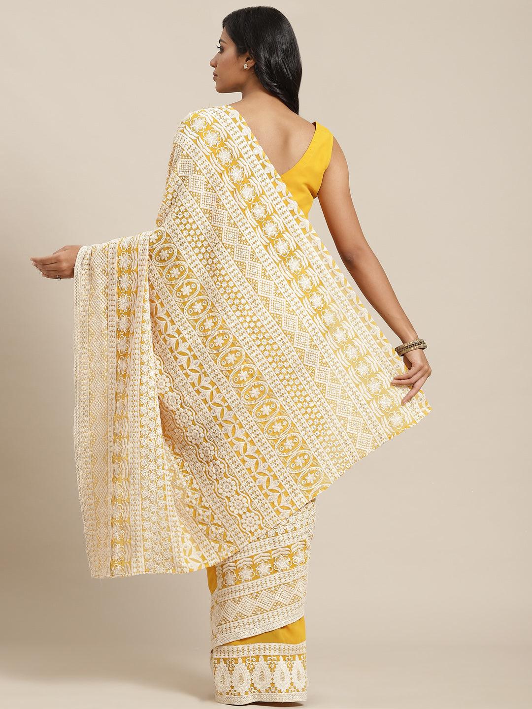 Yellow Embroidered Georgette Saree - Libas