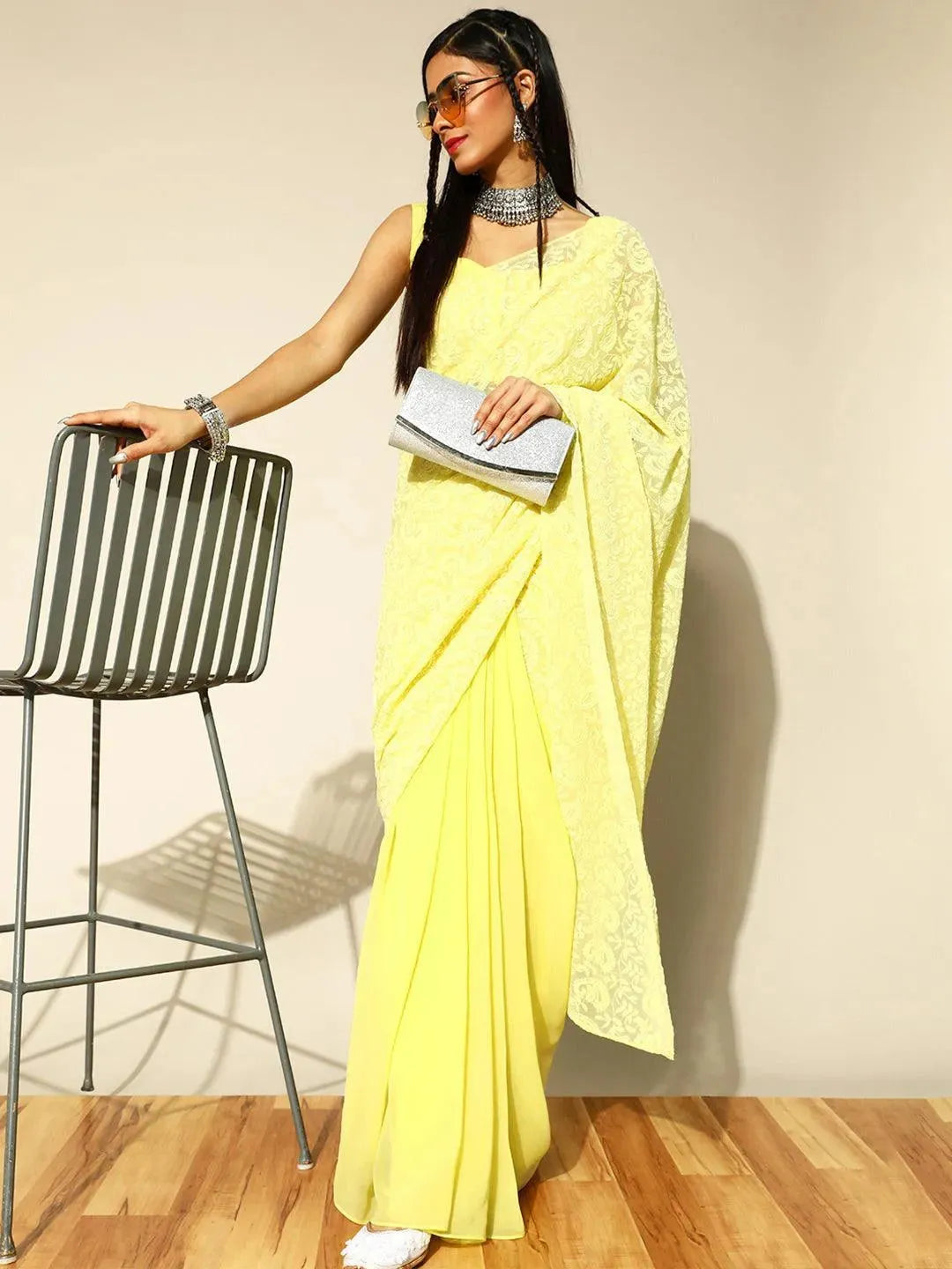 Yellow Embroidered Georgette Saree - Libas