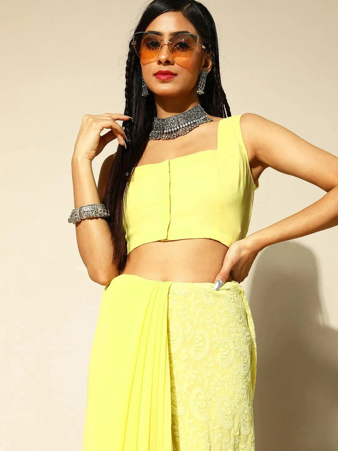Yellow Embroidered Georgette Saree - Libas 