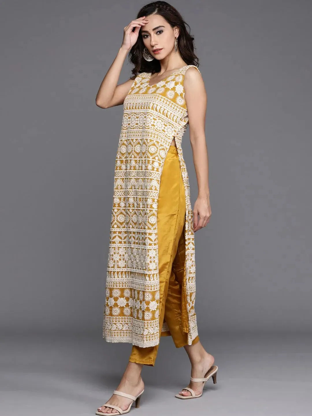 Yellow Embroidered Georgette Straight Kurta With Dupatta - Libas