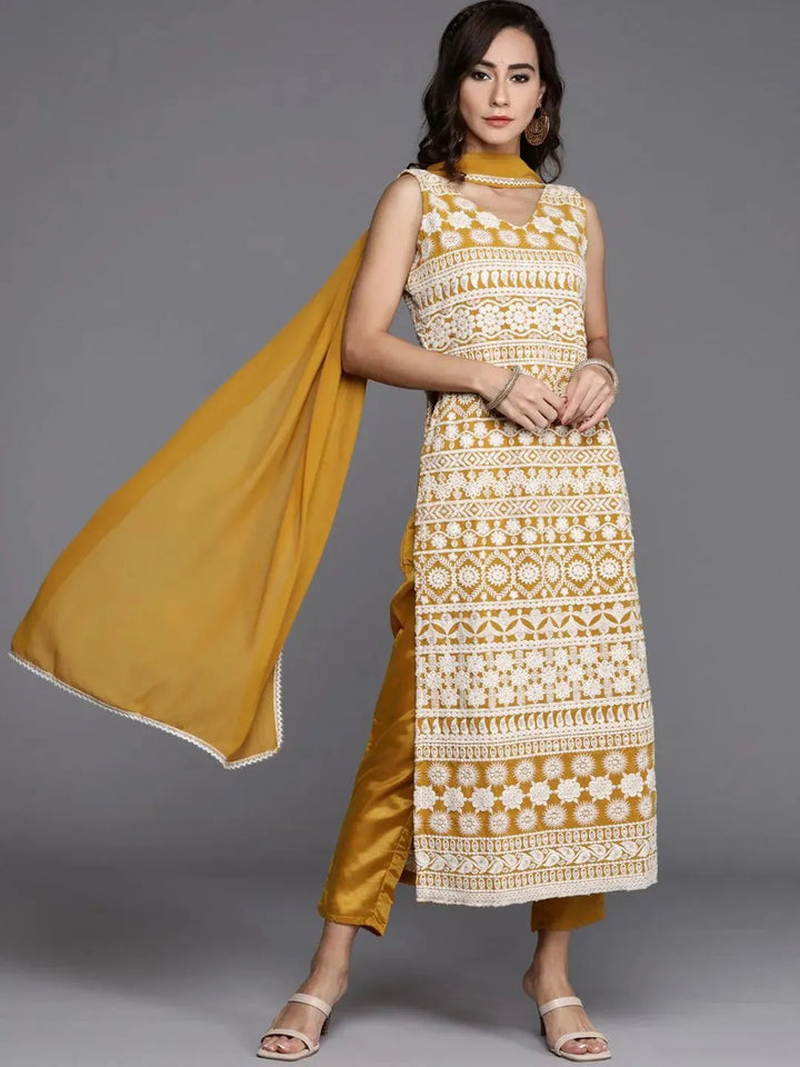 Yellow Embroidered Georgette Straight Kurta With Dupatta - Libas