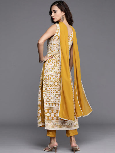 Yellow Embroidered Georgette Straight Kurta With Dupatta - Libas