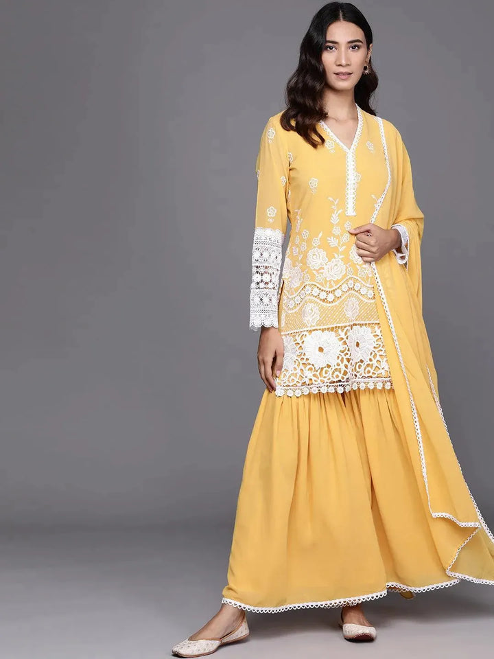 Yellow Embroidered Georgette Suit Set - Libas