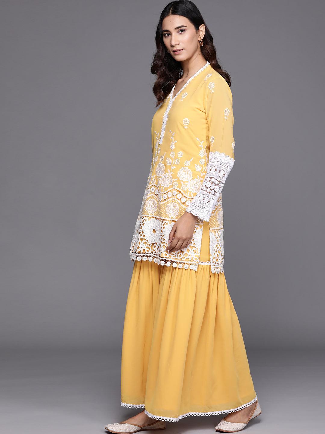 Yellow Embroidered Georgette Suit Set - Libas