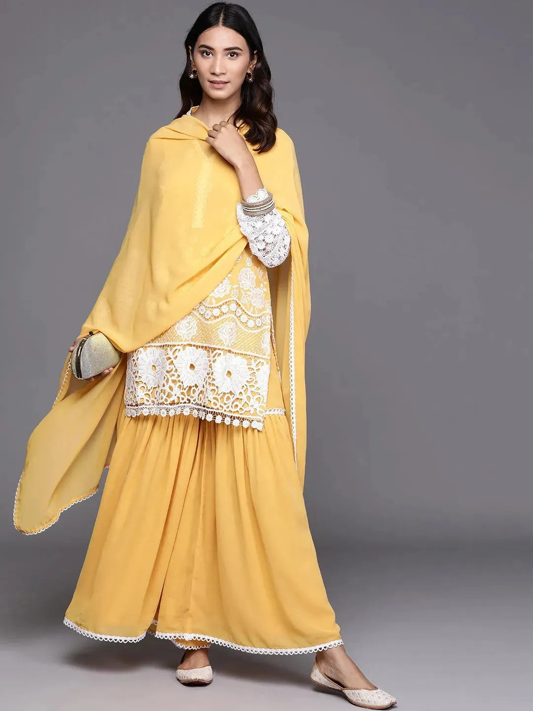 Yellow Embroidered Georgette Suit Set - Libas