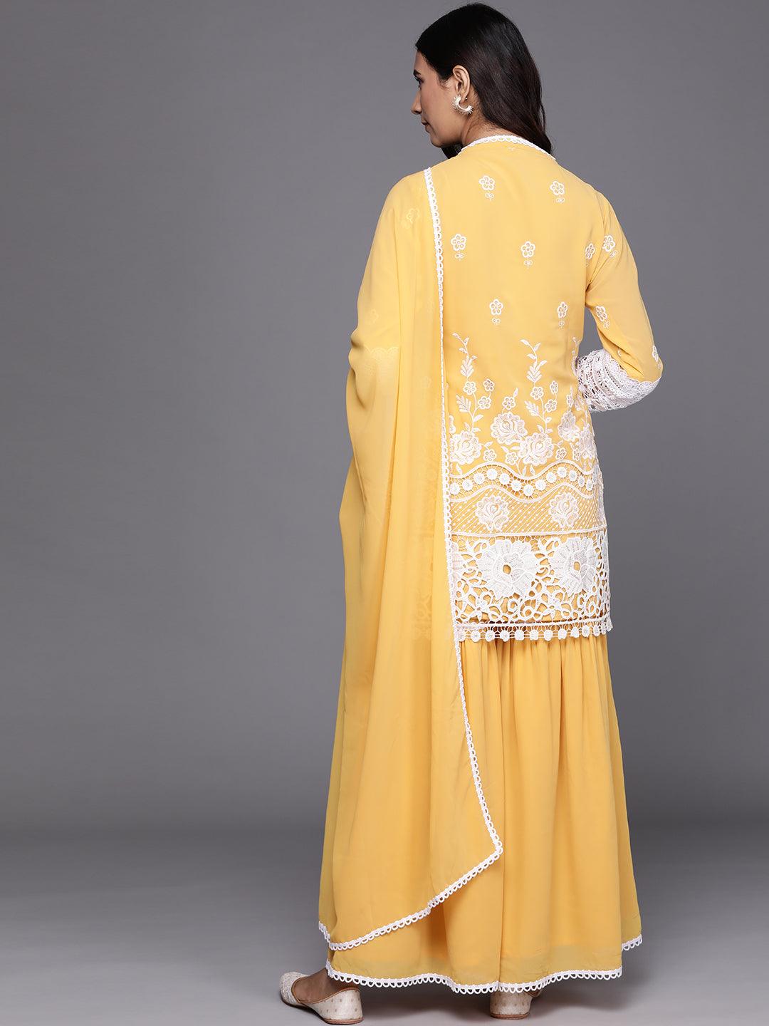 Yellow Embroidered Georgette Straight Kurta With Sharara & Dupatta