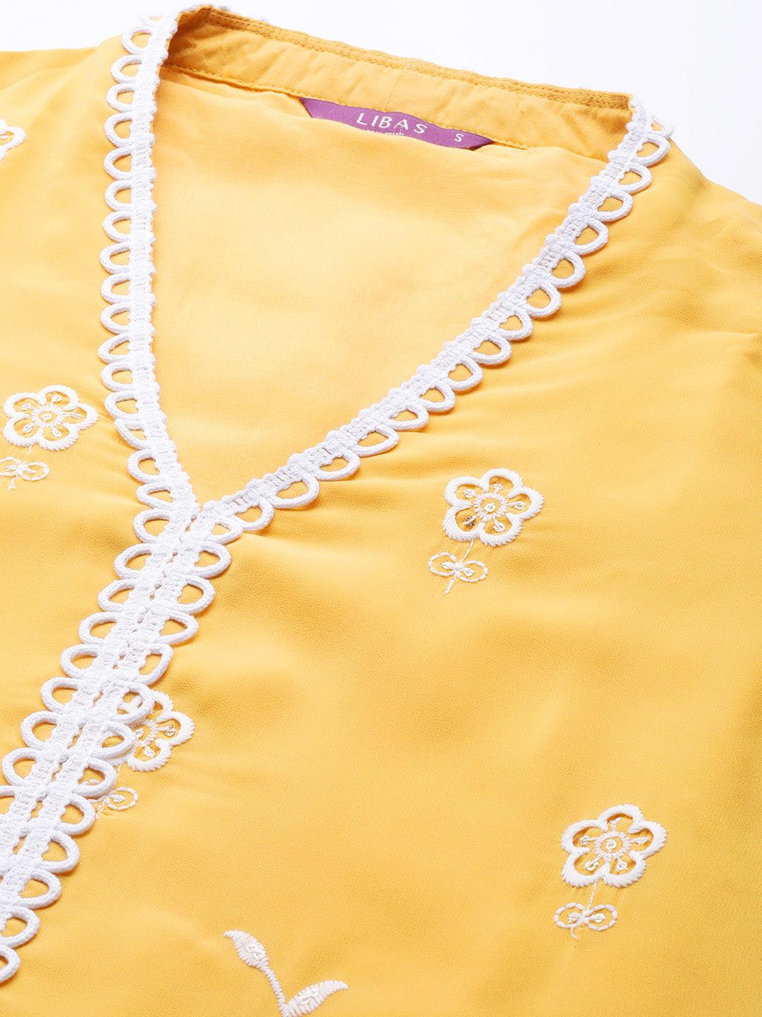Yellow Embroidered Georgette Straight Kurta With Sharara & Dupatta